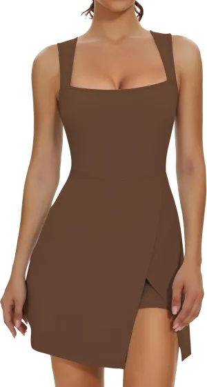 Fengbay Womens Tennis Dress Square Neck Sleeveless Athletic Dress Side Slit Flare Workout Dress