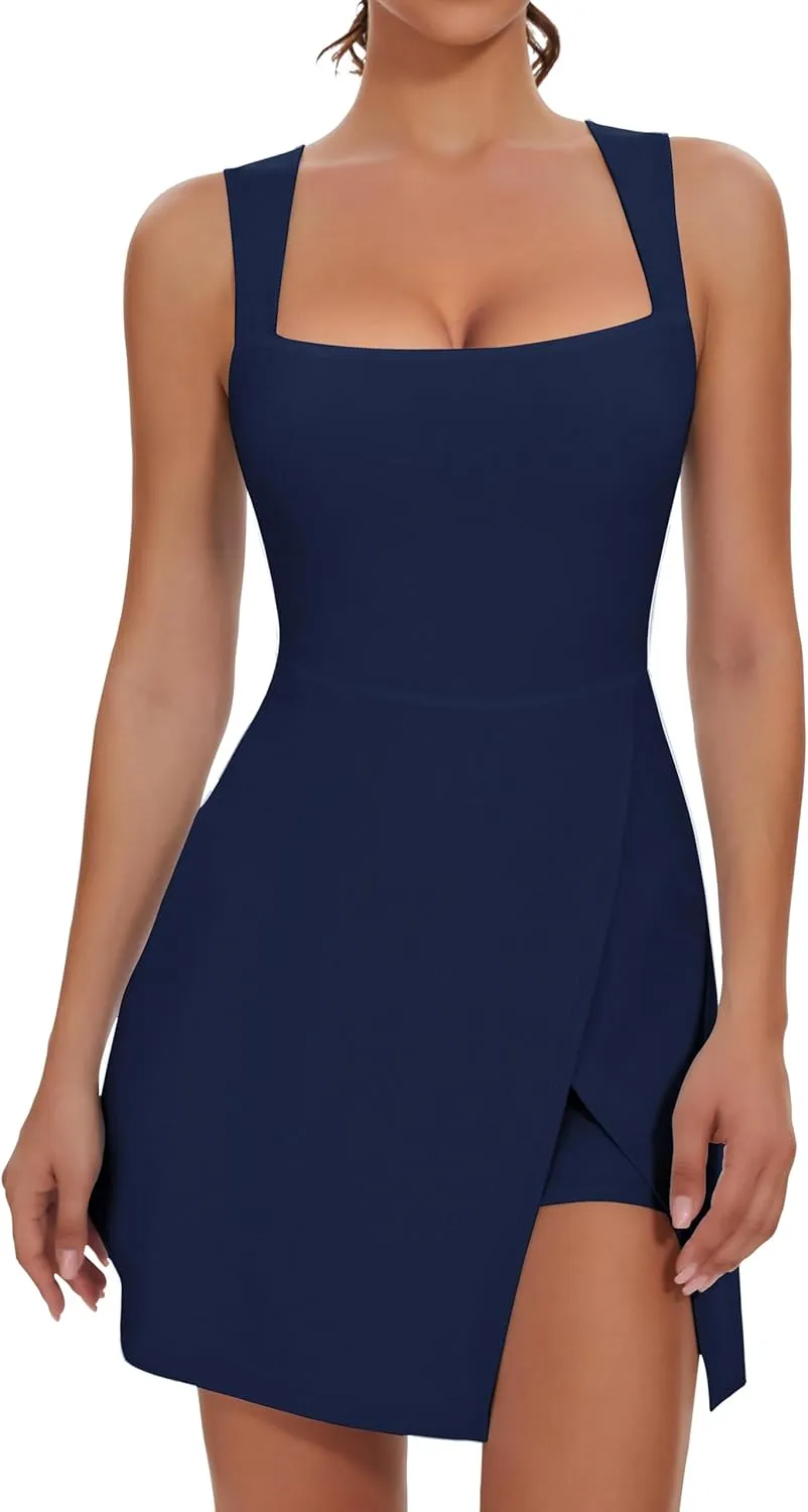 Fengbay Womens Tennis Dress Square Neck Sleeveless Athletic Dress Side Slit Flare Workout Dress