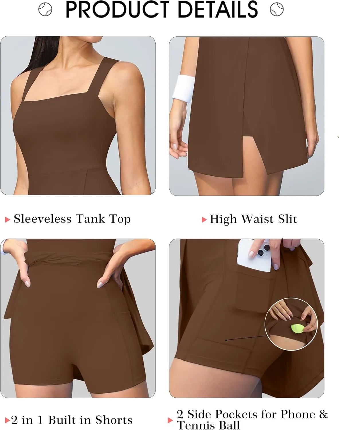 Fengbay Womens Tennis Dress Square Neck Sleeveless Athletic Dress Side Slit Flare Workout Dress