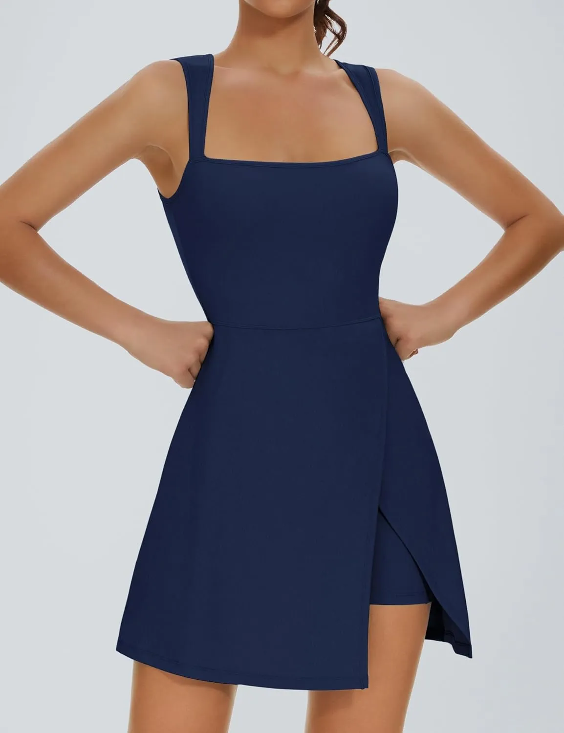 Fengbay Womens Tennis Dress Square Neck Sleeveless Athletic Dress Side Slit Flare Workout Dress