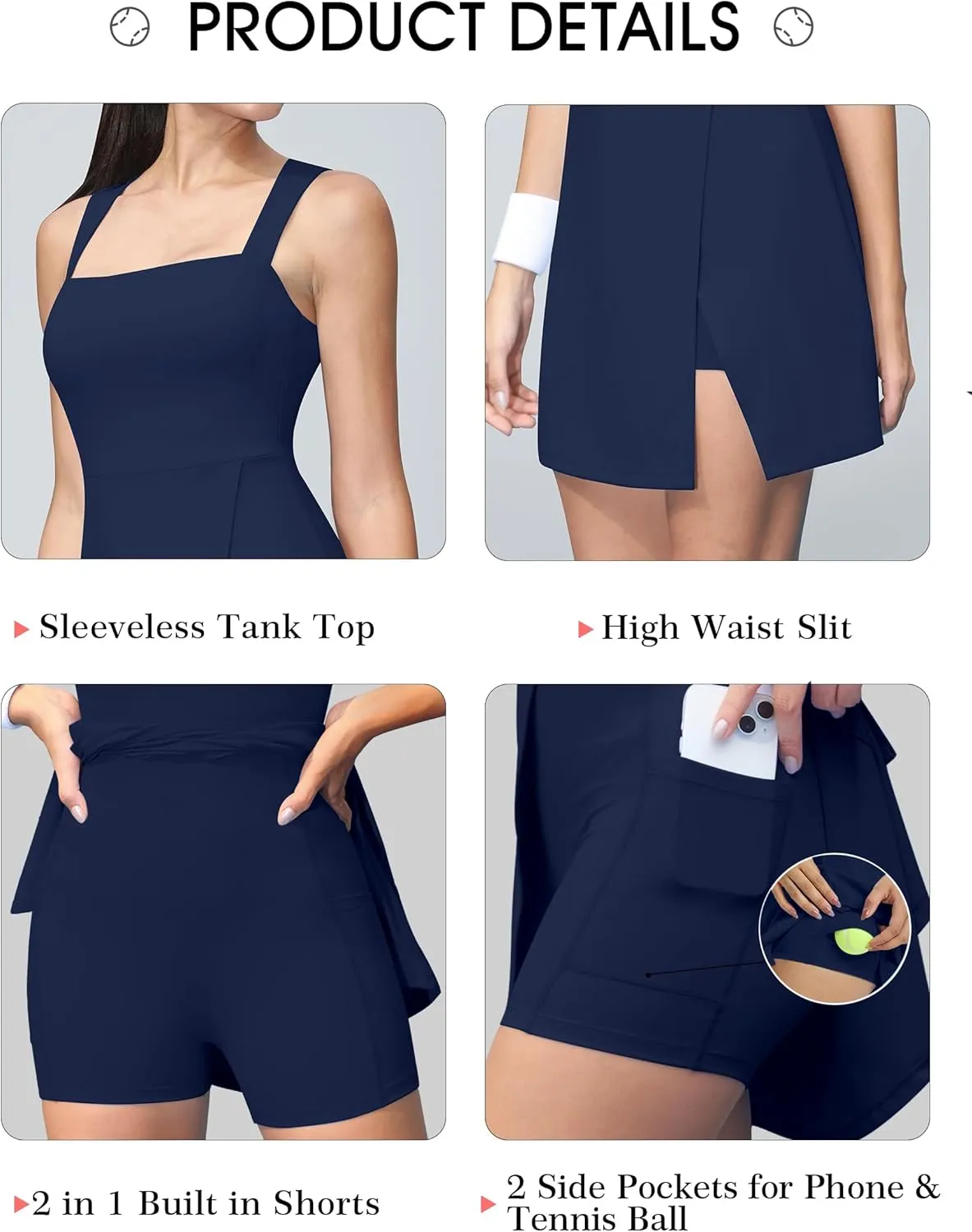 Fengbay Womens Tennis Dress Square Neck Sleeveless Athletic Dress Side Slit Flare Workout Dress