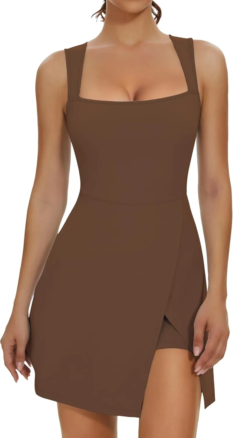 Fengbay Womens Tennis Dress Square Neck Sleeveless Athletic Dress Side Slit Flare Workout Dress