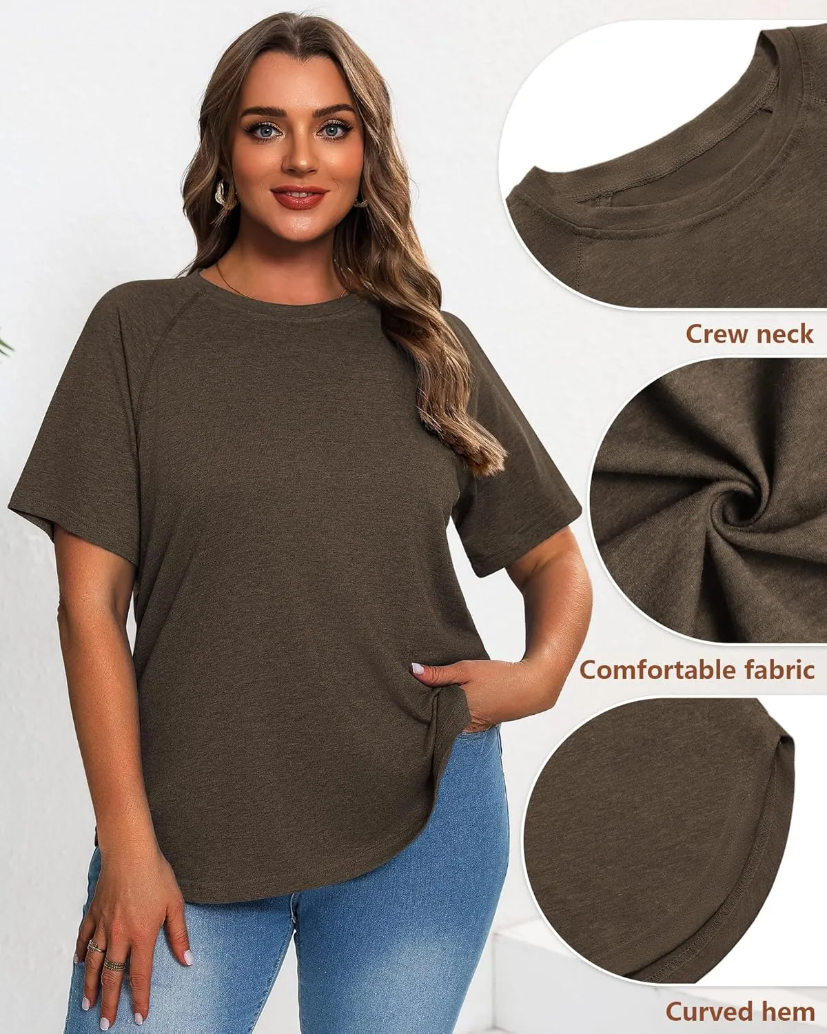 Ficerd 3 Pack Plus Size Tops for Women Casual Crewneck Raglan Sleeve Loose Tunic Tee Summer Basic Workout T Shirts XL-5XL