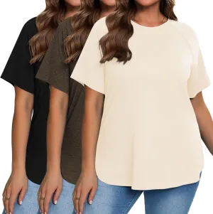 Ficerd 3 Pack Plus Size Tops for Women Casual Crewneck Raglan Sleeve Loose Tunic Tee Summer Basic Workout T Shirts XL-5XL