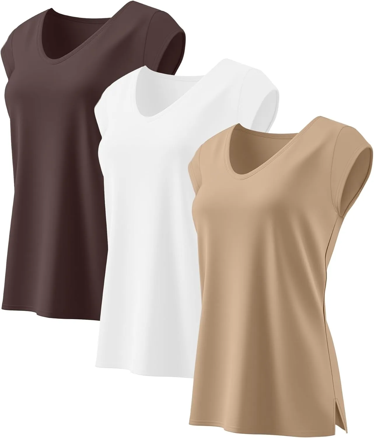 Ficerd 3 Pack Women's Cap Sleeve Tank Tops V Neck Loose Fit Cotton Summer Casual T Shirts Basic Tee Beach Vacation Clothes