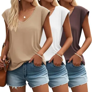 Ficerd 3 Pack Women's Cap Sleeve Tank Tops V Neck Loose Fit Cotton Summer Casual T Shirts Basic Tee Beach Vacation Clothes