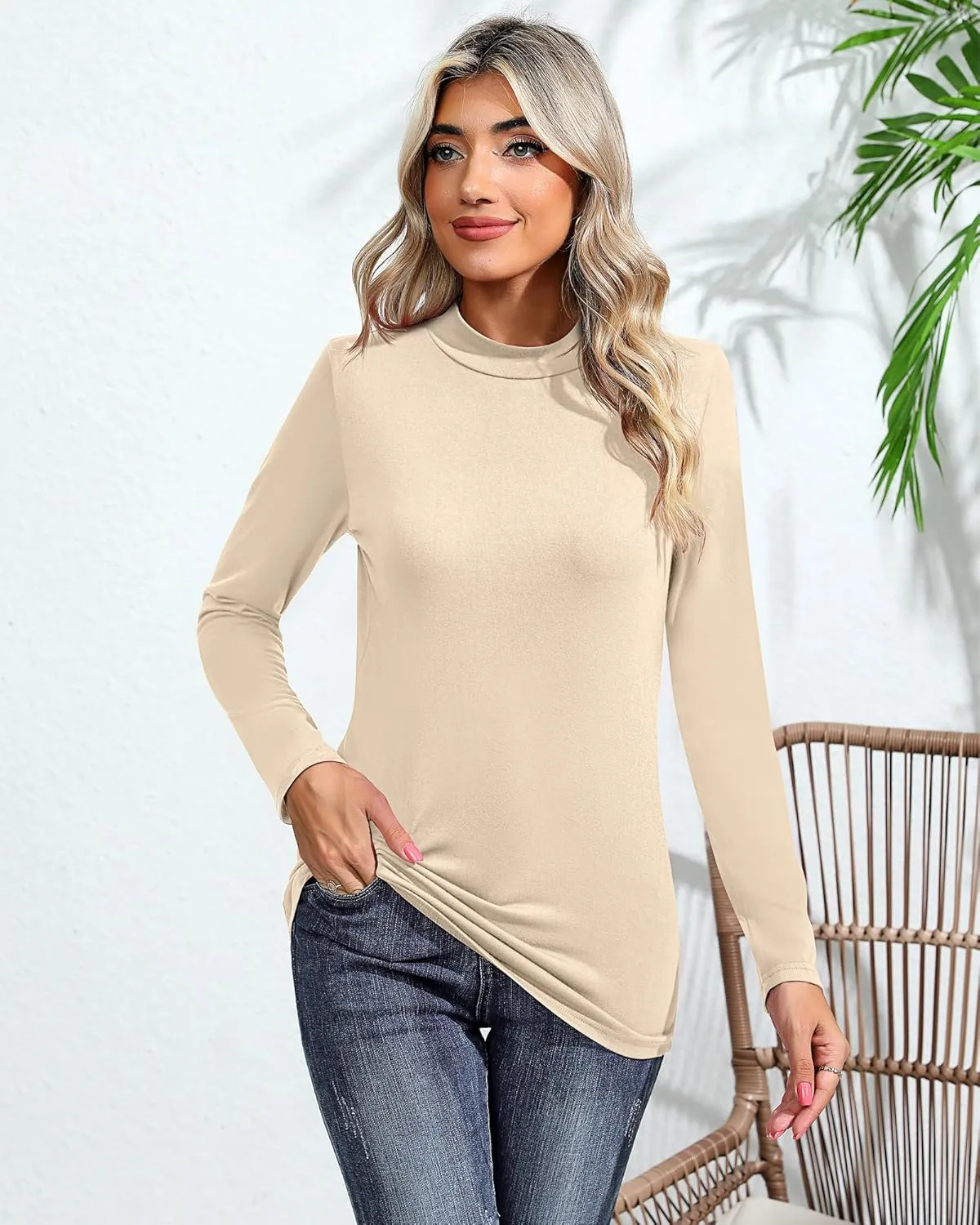 Ficerd 3 Pack Women's Mock Turtleneck Shirts, Long Sleeve Mock Neck Pullover Tops Slim Fitted Stretch Undershirt Tee Blouse
