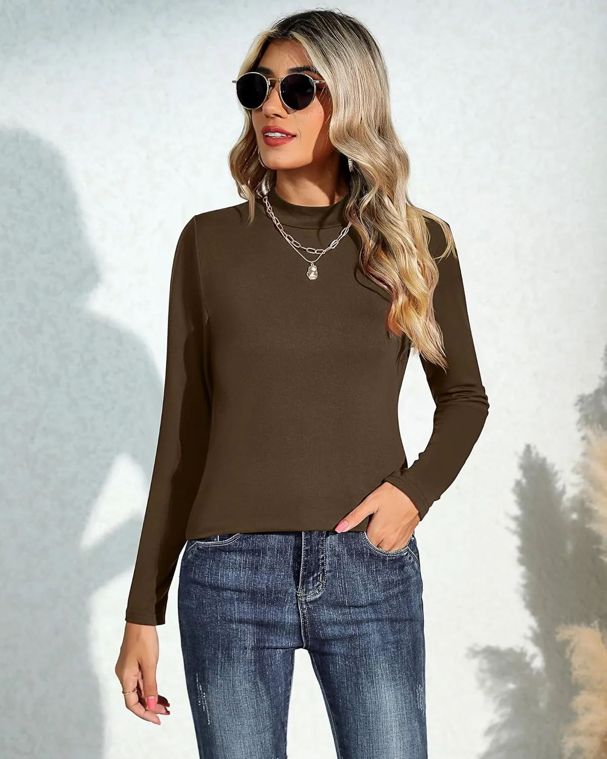 Ficerd 3 Pack Women's Mock Turtleneck Shirts, Long Sleeve Mock Neck Pullover Tops Slim Fitted Stretch Undershirt Tee Blouse
