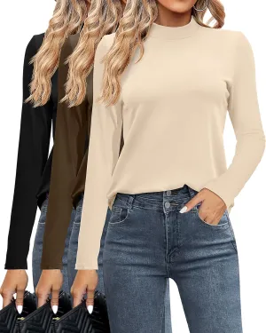 Ficerd 3 Pack Women's Mock Turtleneck Shirts, Long Sleeve Mock Neck Pullover Tops Slim Fitted Stretch Undershirt Tee Blouse