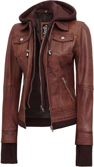 fjackets Leather Jackets For Women - Removable Hood & Bomber Real Lambskin Leather Jacket Womens