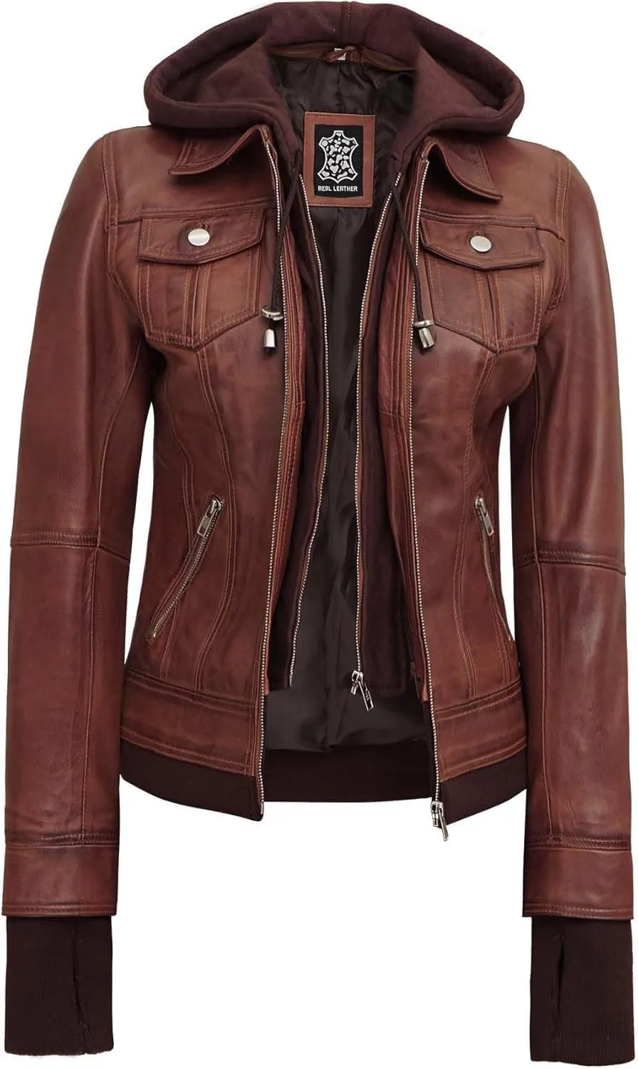 fjackets Leather Jackets For Women - Removable Hood & Bomber Real Lambskin Leather Jacket Womens
