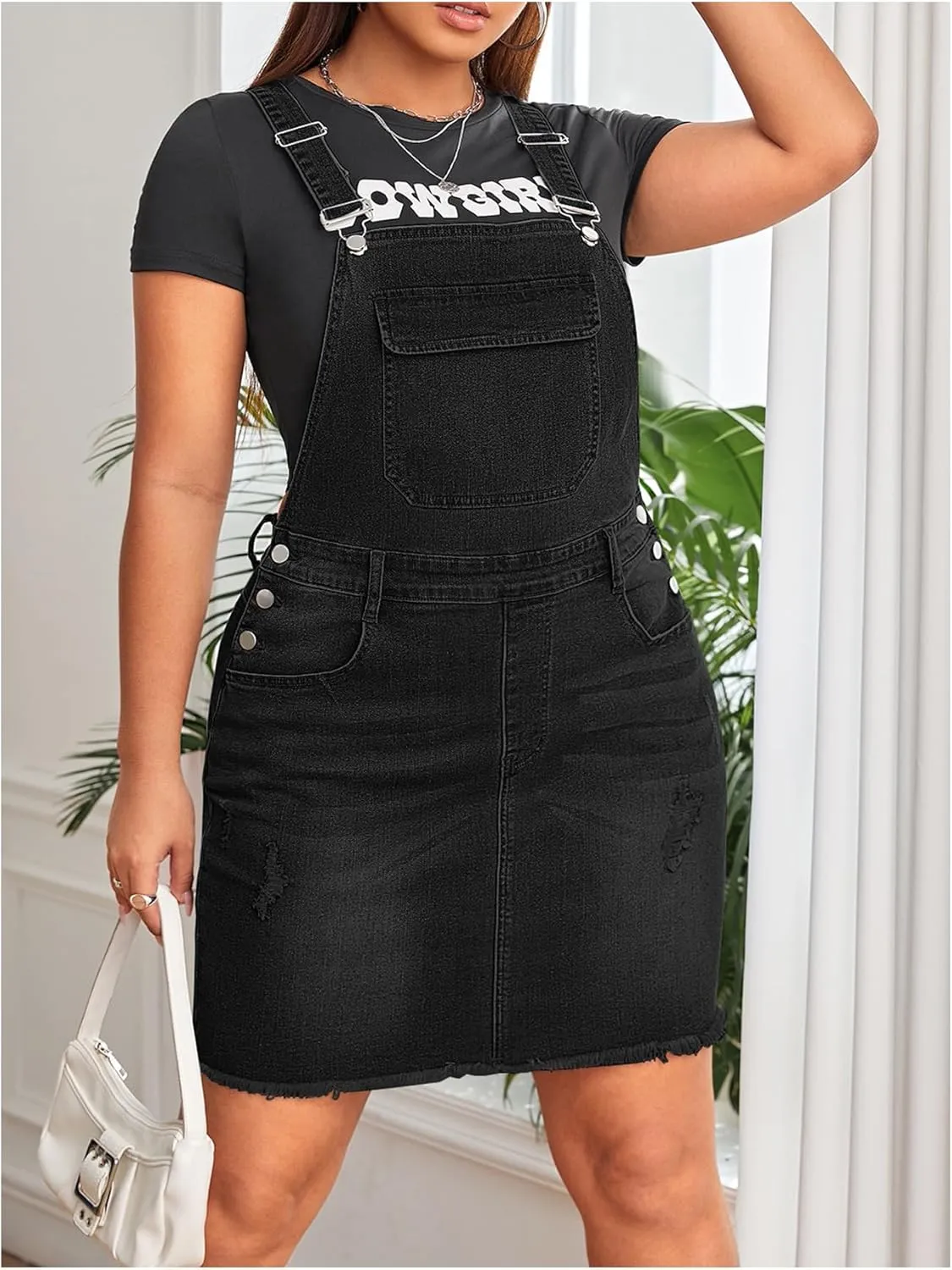 Floerns Women's Plus Size Ripped Raw Hem Denim Overall Pinafore Dress Without Tee
