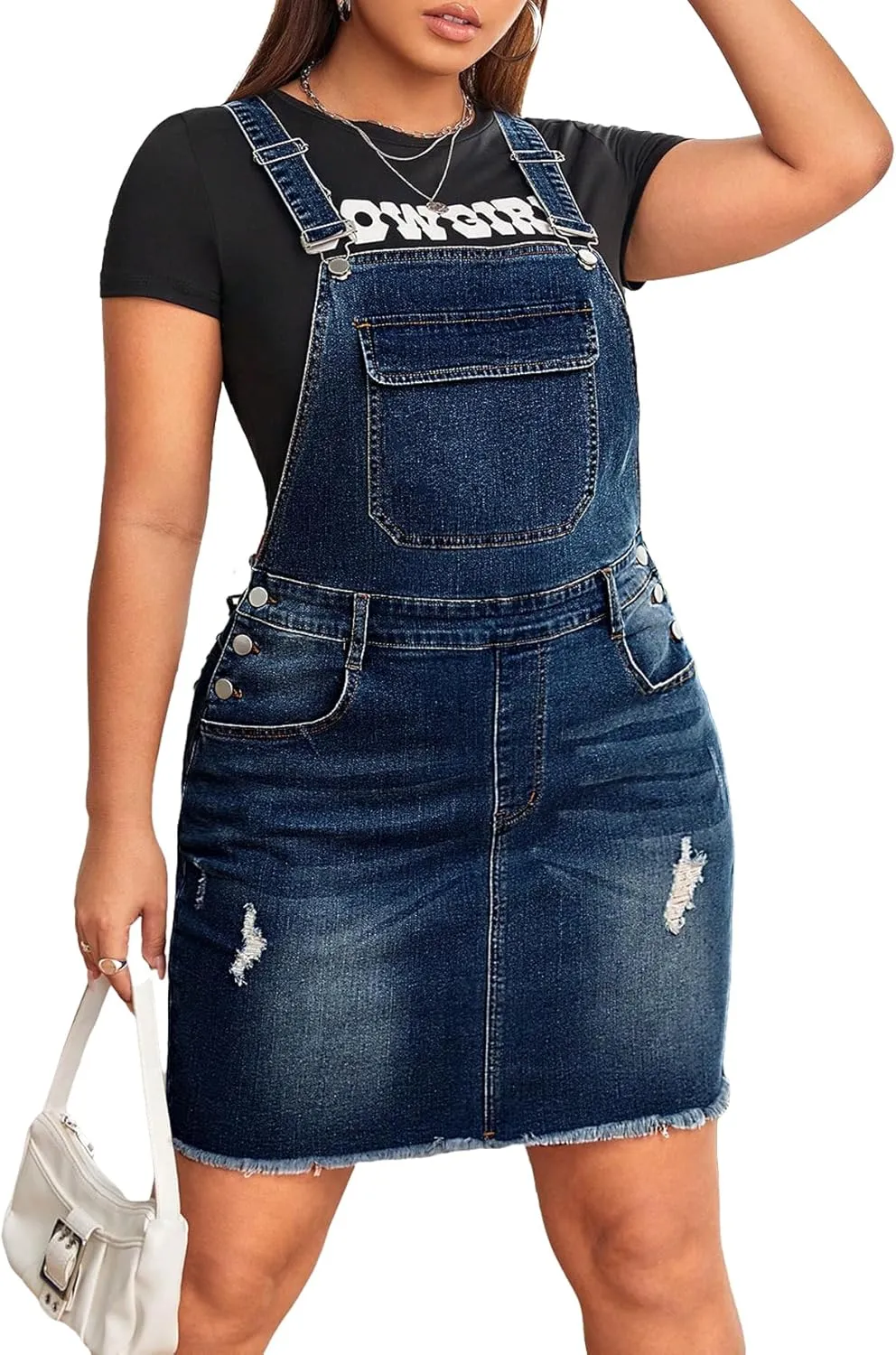 Floerns Women's Plus Size Ripped Raw Hem Denim Overall Pinafore Dress Without Tee