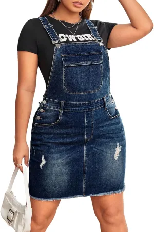 Floerns Women's Plus Size Ripped Raw Hem Denim Overall Pinafore Dress Without Tee