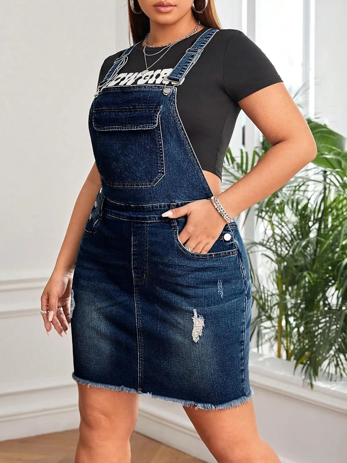 Floerns Women's Plus Size Ripped Raw Hem Denim Overall Pinafore Dress Without Tee