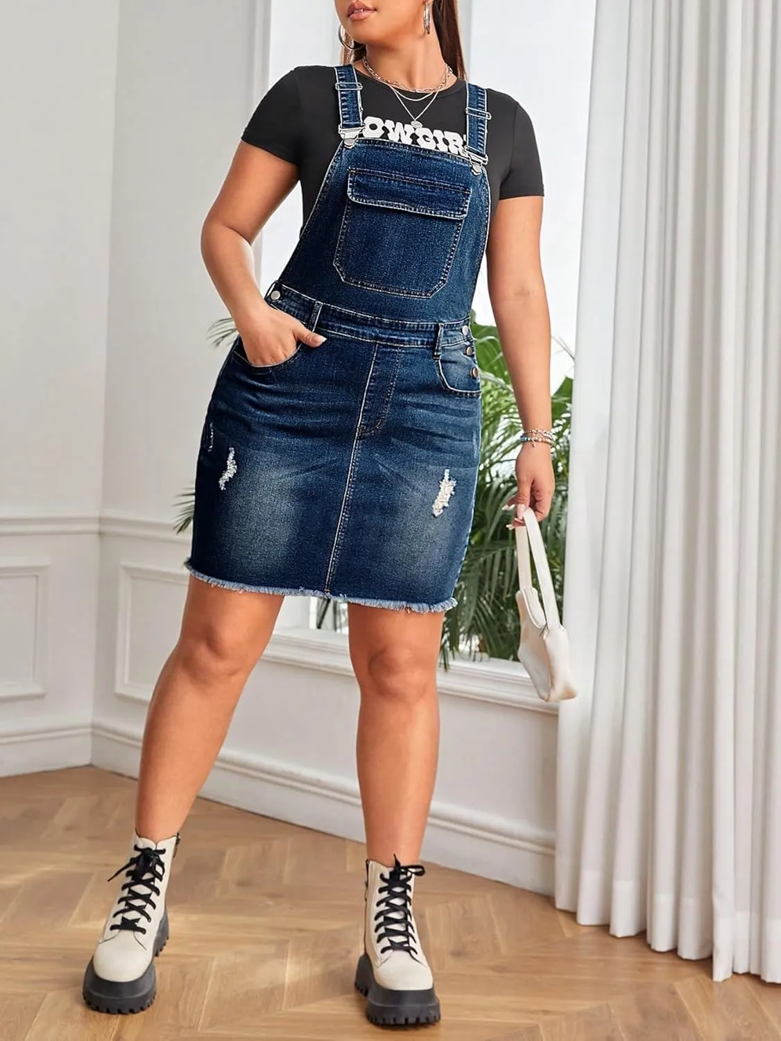 Floerns Women's Plus Size Ripped Raw Hem Denim Overall Pinafore Dress Without Tee