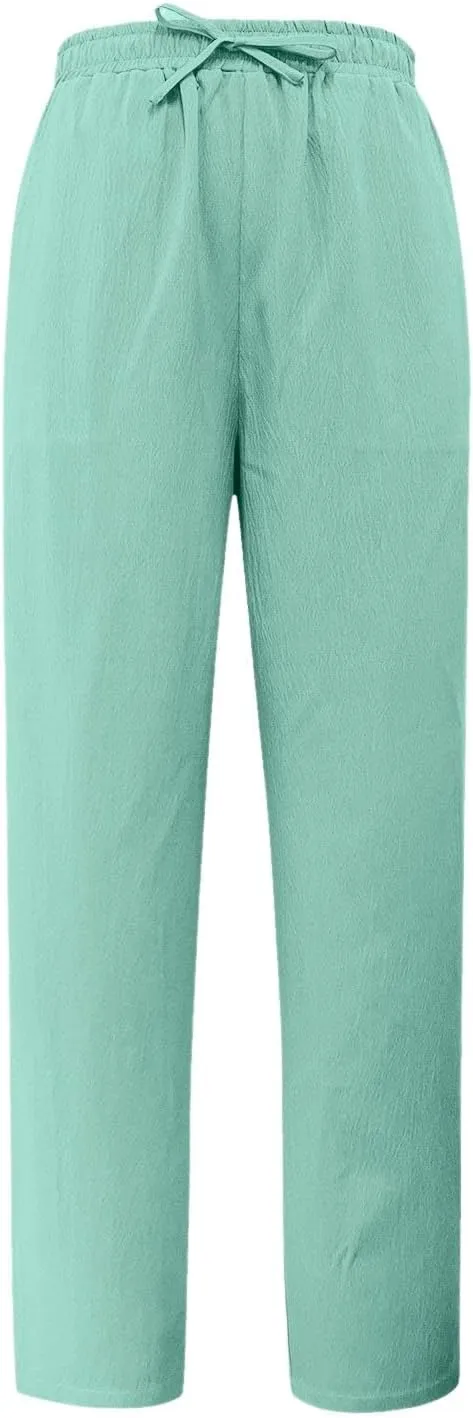 FZVYD Linen Pants for Women 2025 Summer High Waist Elastic Straight Leg Lounge Pant Casual Loose Lightweight Beach Trousers