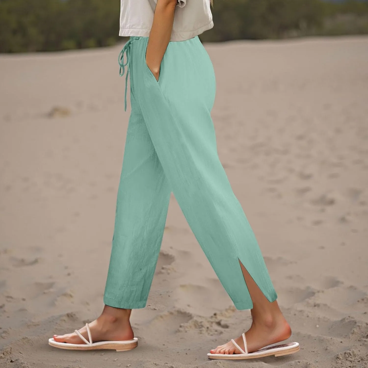 FZVYD Linen Pants for Women 2025 Summer High Waist Elastic Straight Leg Lounge Pant Casual Loose Lightweight Beach Trousers