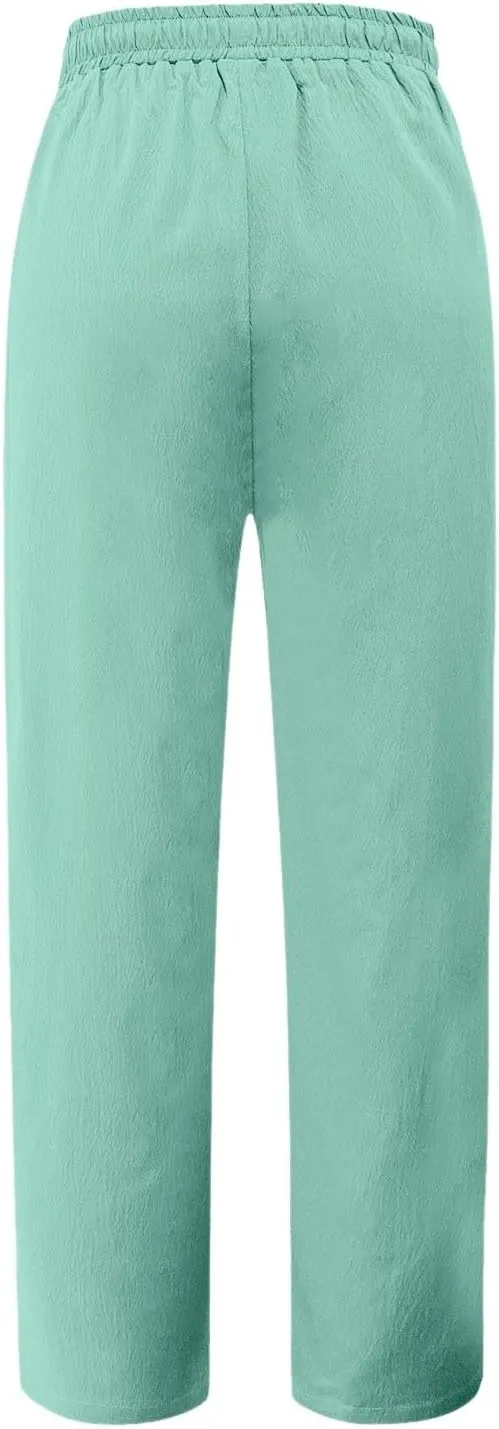 FZVYD Linen Pants for Women 2025 Summer High Waist Elastic Straight Leg Lounge Pant Casual Loose Lightweight Beach Trousers
