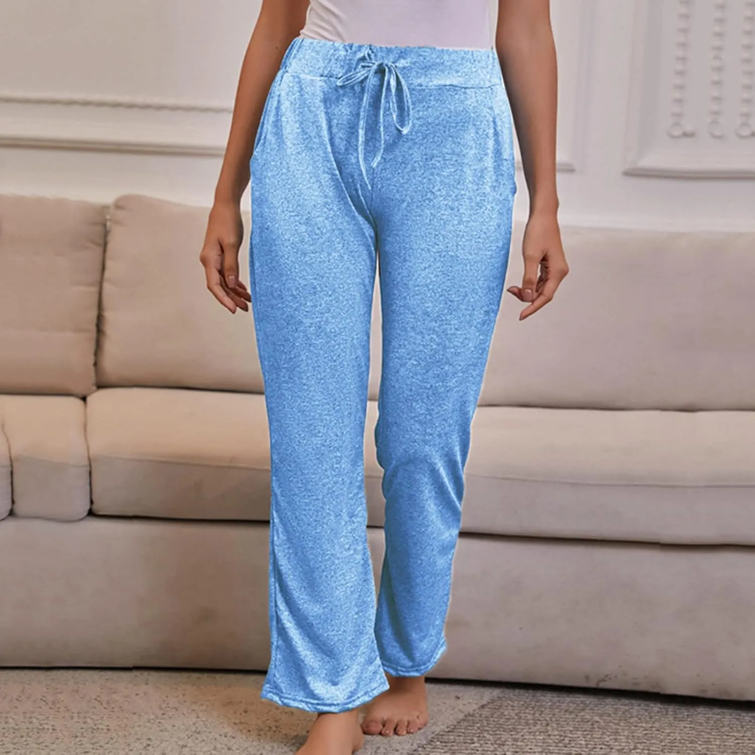 FZYLQY Wide Leg Pants for Women Casual Plus Size Elastic High Waist Drawstring Straight Leg Comfy Solid Lounge Long Trousers