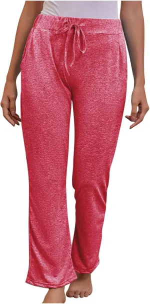 FZYLQY Wide Leg Pants for Women Casual Plus Size Elastic High Waist Drawstring Straight Leg Comfy Solid Lounge Long Trousers