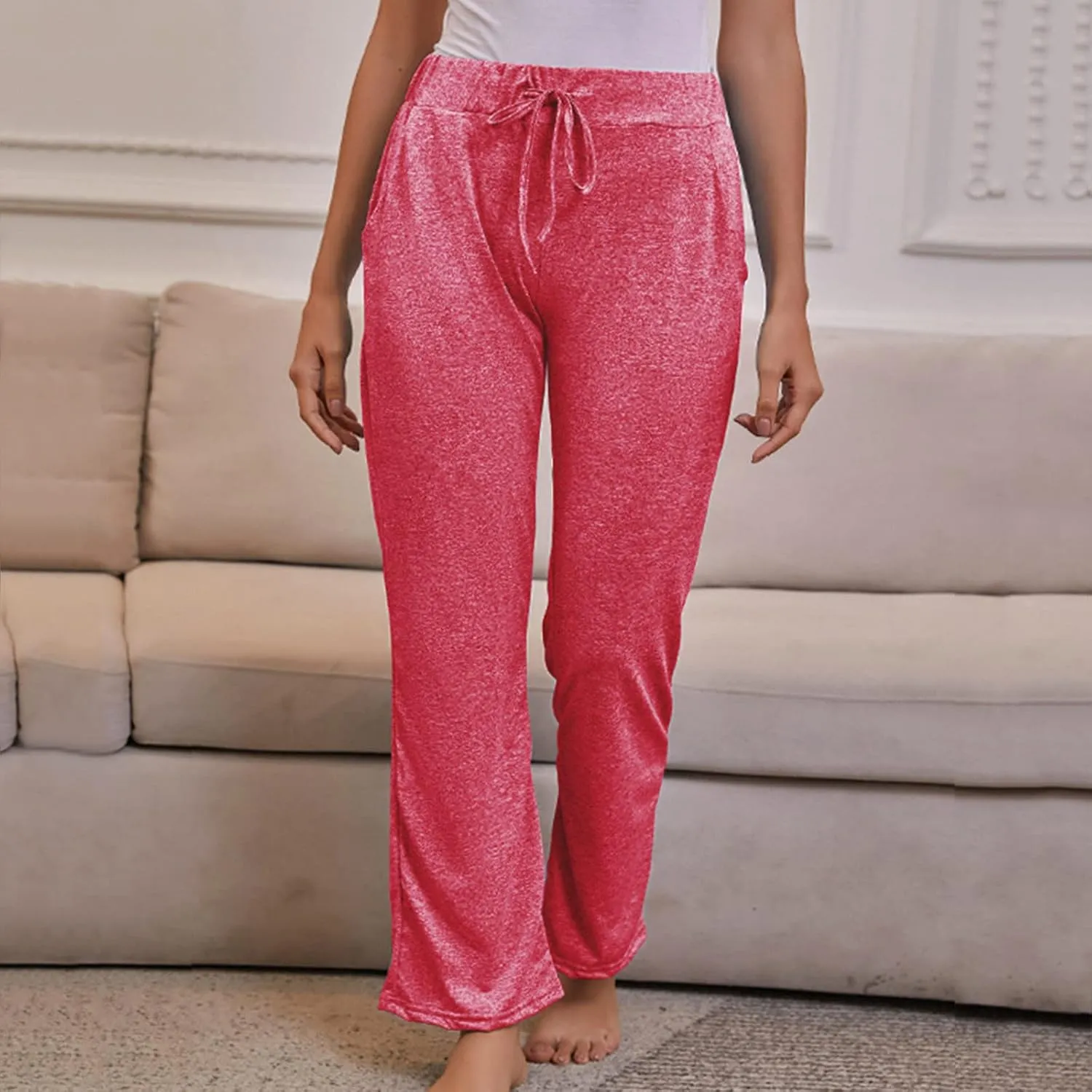 FZYLQY Wide Leg Pants for Women Casual Plus Size Elastic High Waist Drawstring Straight Leg Comfy Solid Lounge Long Trousers