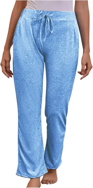 FZYLQY Wide Leg Pants for Women Casual Plus Size Elastic High Waist Drawstring Straight Leg Comfy Solid Lounge Long Trousers