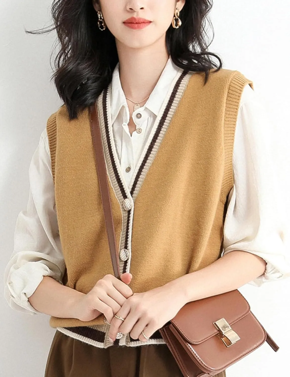 Gihuo Sweater Vest Women Casual V Neck Button Down Sleeveless Knit Cardigan Vest Fashion Sweater Tank Tops