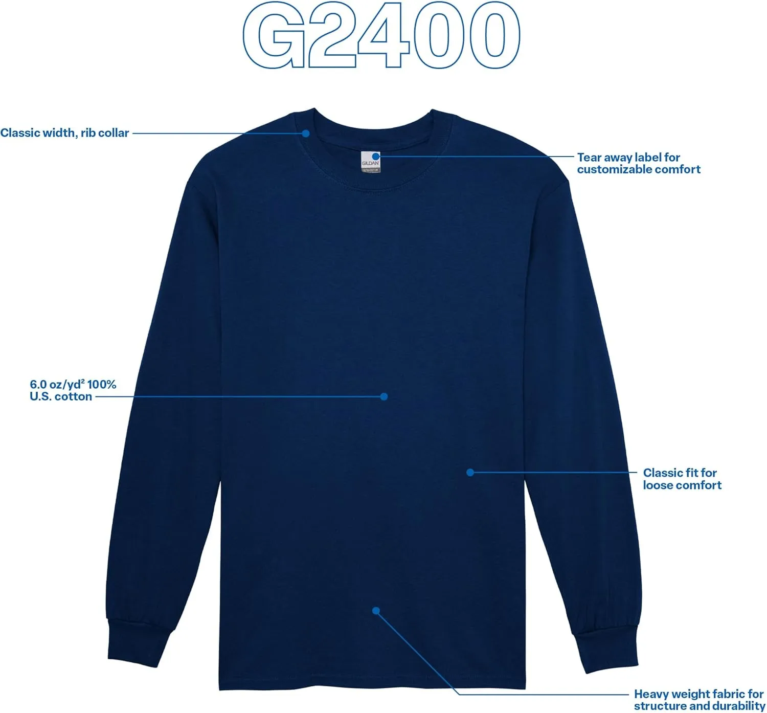 Gildan Unisex Adult Ultra Cotton Long Sleeve T-Shirt, Style G2400, Multipack