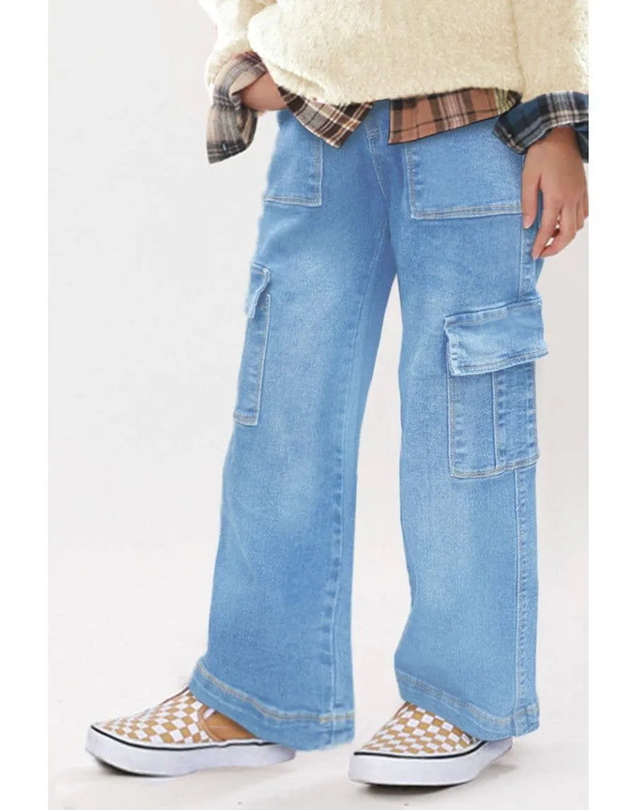 Girl's Premium Denim Cargo Jeans w/ Pork Chop
