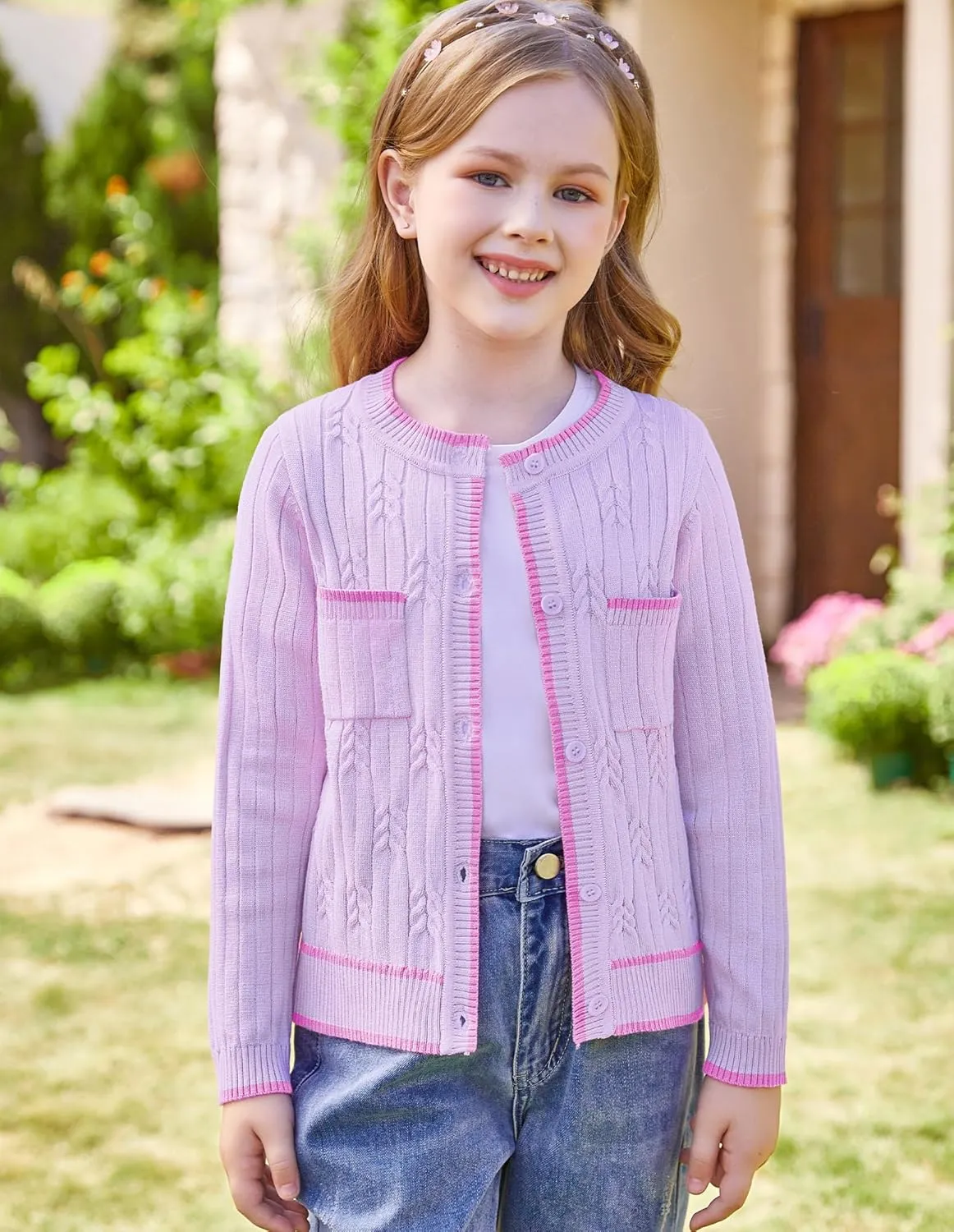 GRACE KARIN Girls Cardigan Sweater Long Sleeve Knit School Uniform Crew Neck Cute Cardigan 5-12 Years