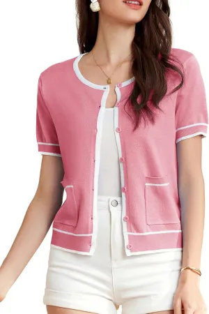 GRACE KARIN Short Sleeve Contrast Cardigan Sweaters for Women Summer Casual Striped Button Down Bolero Shrug