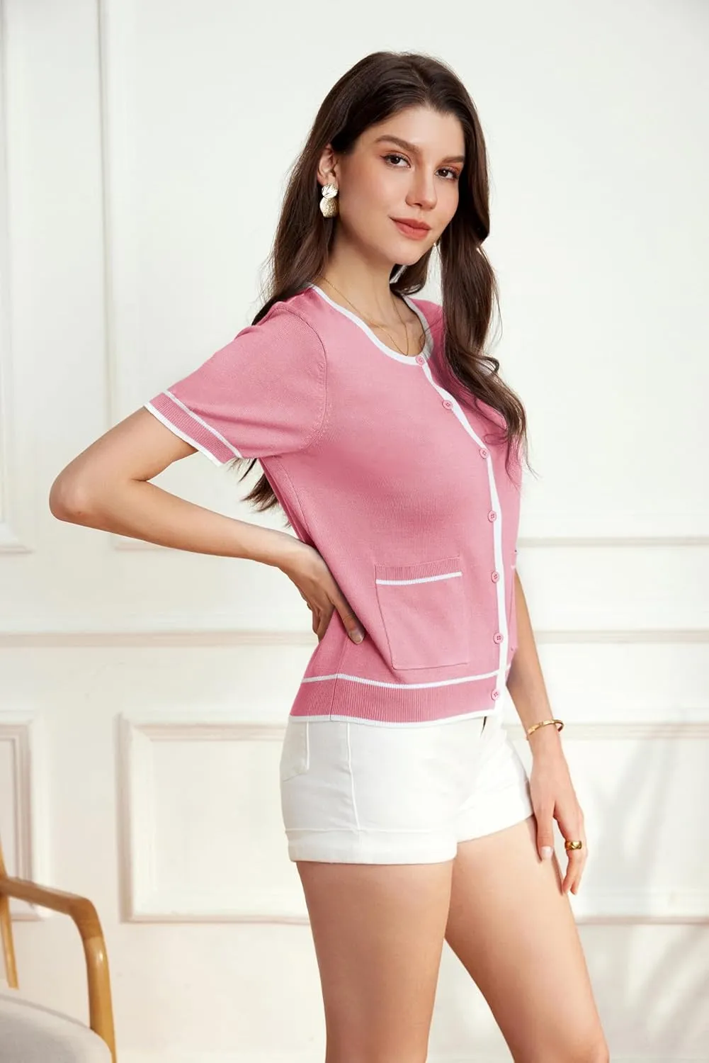 GRACE KARIN Short Sleeve Contrast Cardigan Sweaters for Women Summer Casual Striped Button Down Bolero Shrug