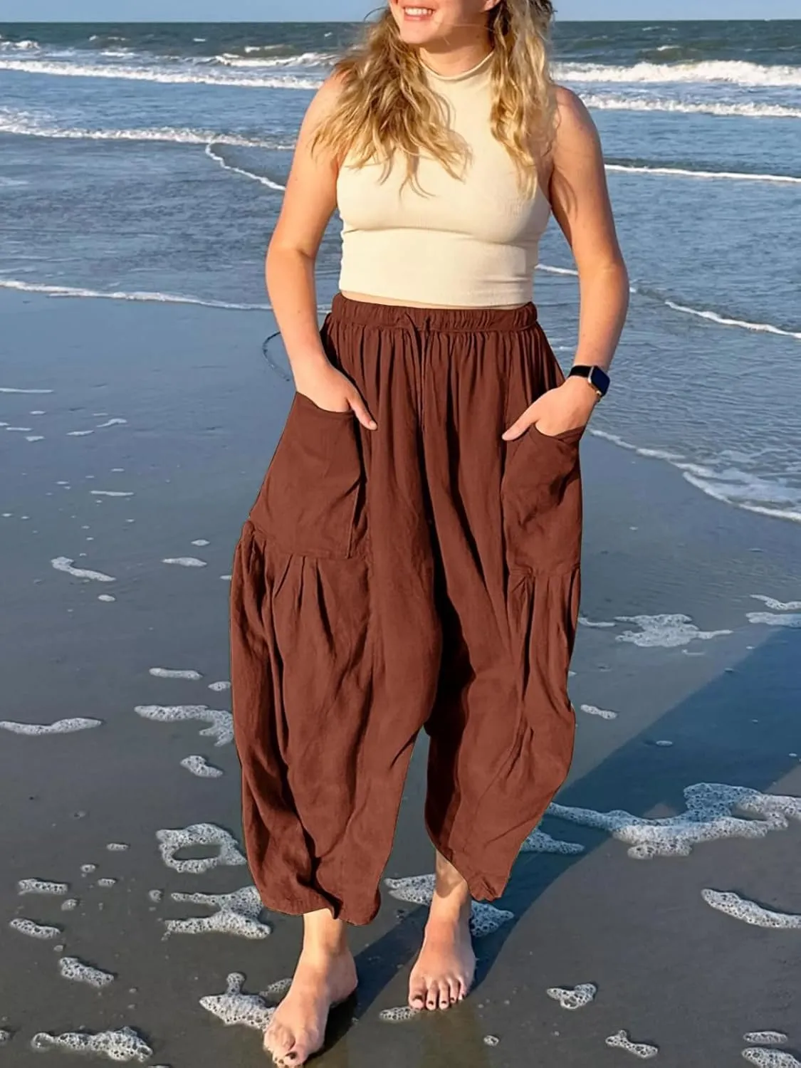 Guteidee Womens Linen Wide Leg Pants 2024 Casual Loose Lightweigt Beach Palazzo Harem Pants