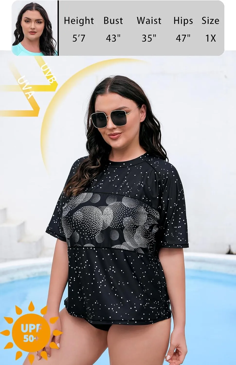 Halcurt Women's Plus Size Short Sleeve Rash Guard Swim Shirts Top Only Loose Fit Swim Tee UPF50  Swimsuit