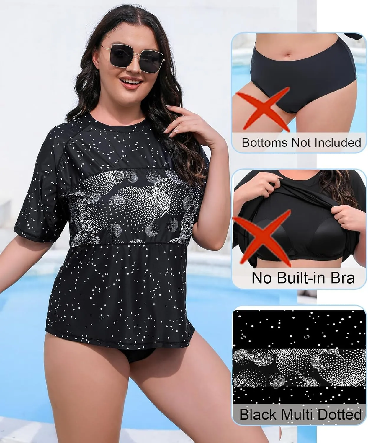 Halcurt Women's Plus Size Short Sleeve Rash Guard Swim Shirts Top Only Loose Fit Swim Tee UPF50  Swimsuit