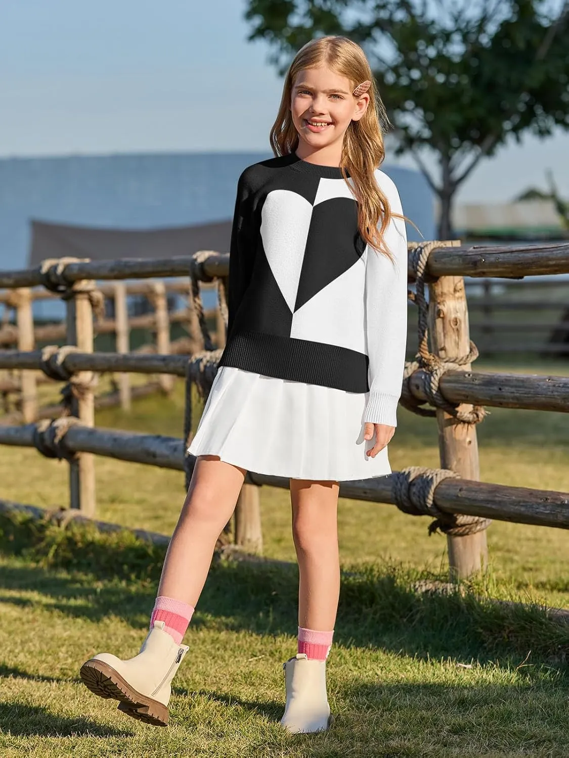 Haloumoning Girls Heart Sweater Kids Cute Color Block Knit Sweaters 7-14 Years