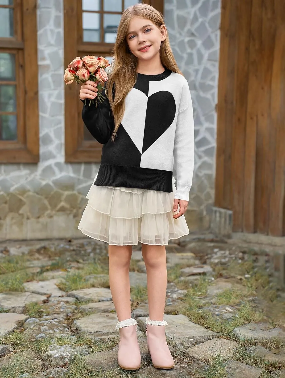 Haloumoning Girls Heart Sweater Kids Cute Color Block Knit Sweaters 7-14 Years