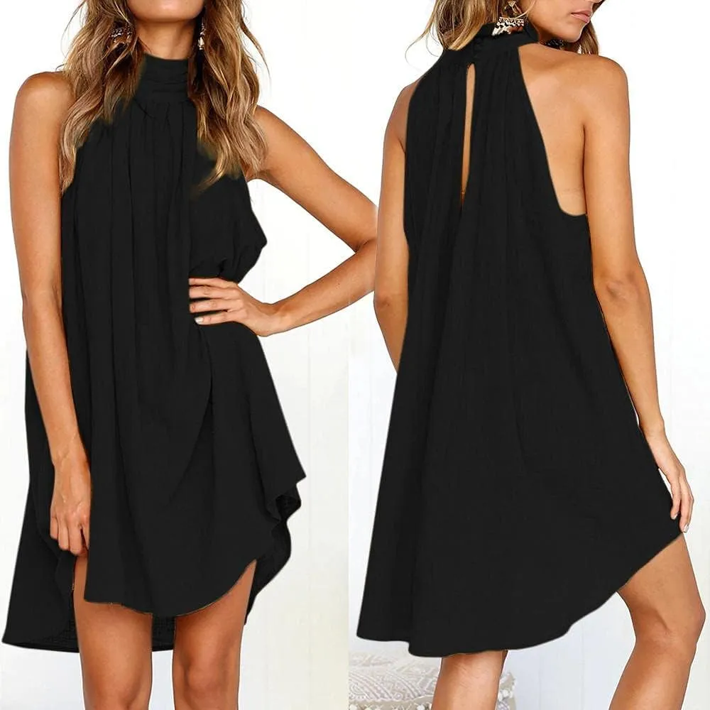 Halter Irregular Summer Dresses for Women Holiday Beach Sleeveless Party Dress Sexy Hem Mini Dress Plain Solid Sundress