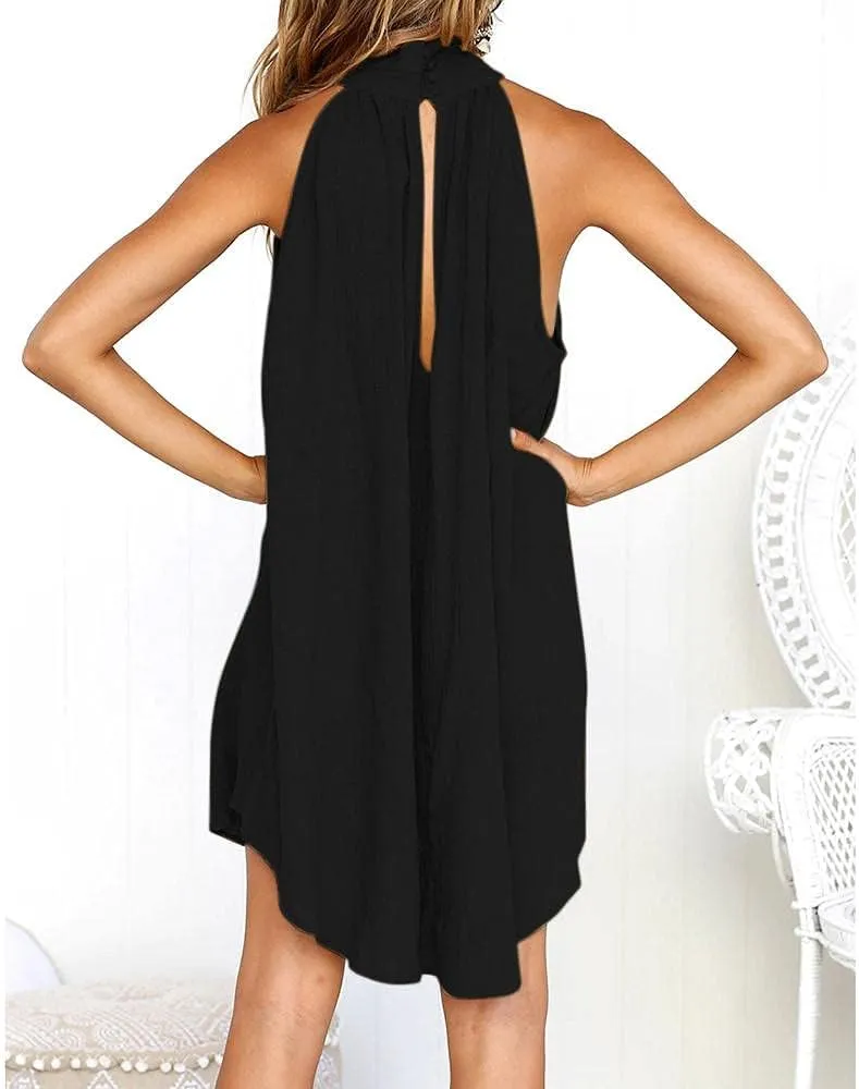Halter Irregular Summer Dresses for Women Holiday Beach Sleeveless Party Dress Sexy Hem Mini Dress Plain Solid Sundress