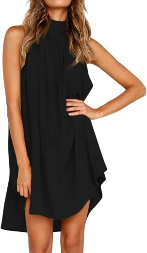Halter Irregular Summer Dresses for Women Holiday Beach Sleeveless Party Dress Sexy Hem Mini Dress Plain Solid Sundress