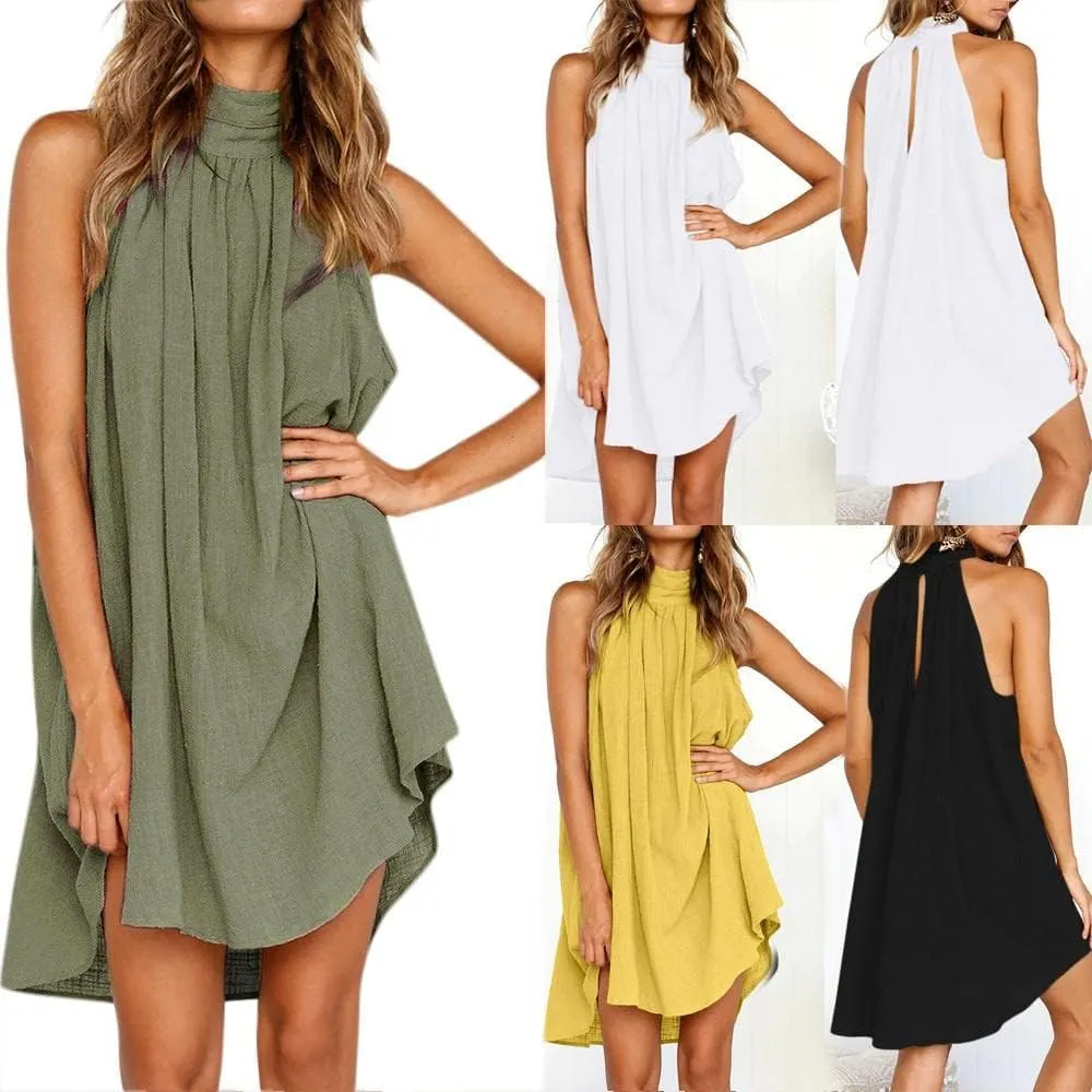 Halter Irregular Summer Dresses for Women Holiday Beach Sleeveless Party Dress Sexy Hem Mini Dress Plain Solid Sundress