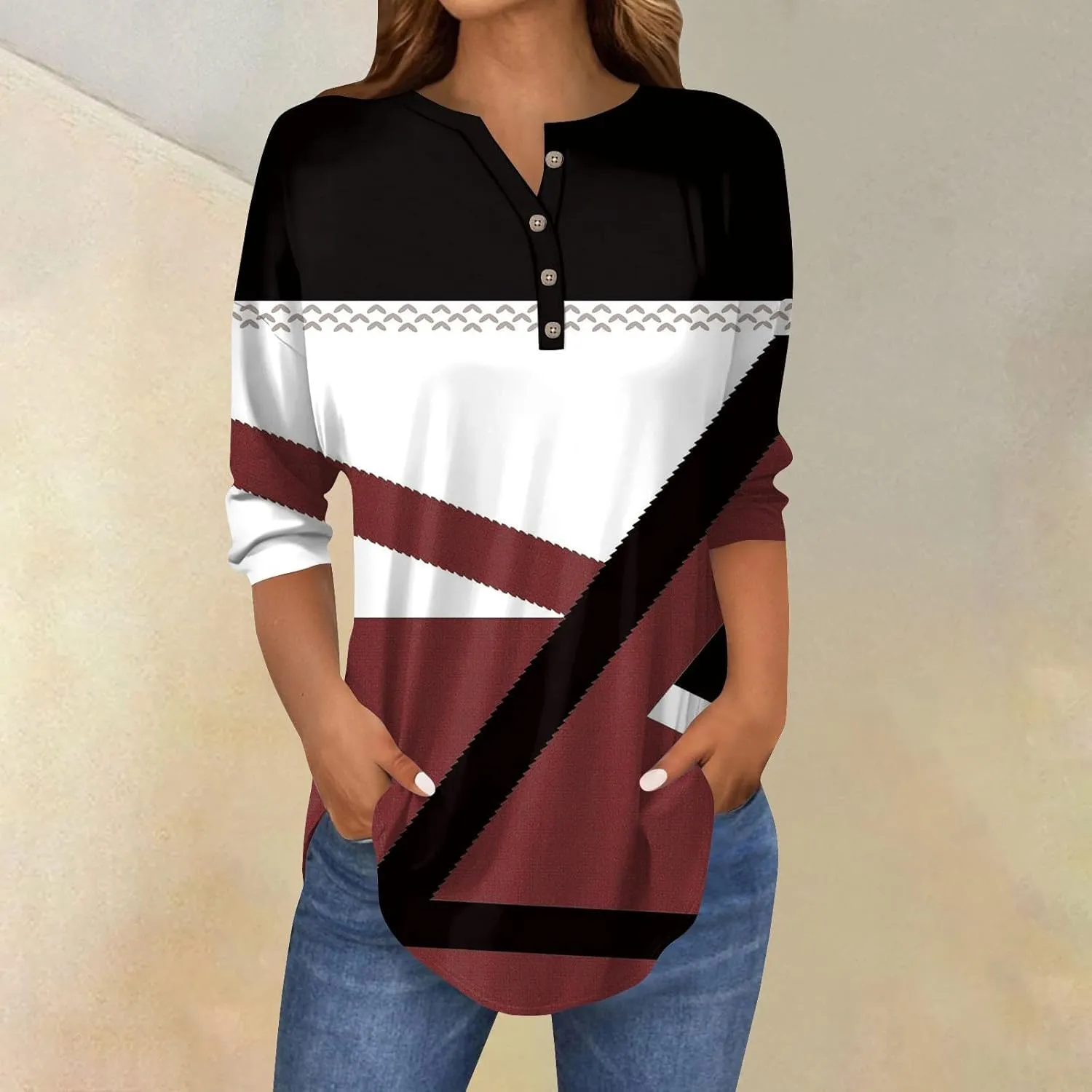 Henley Summer Shirts 3/4 Length Sleeve Womens Tops Vintage Print Casual Trendy Loose Fit 2025 Tunic Blouses