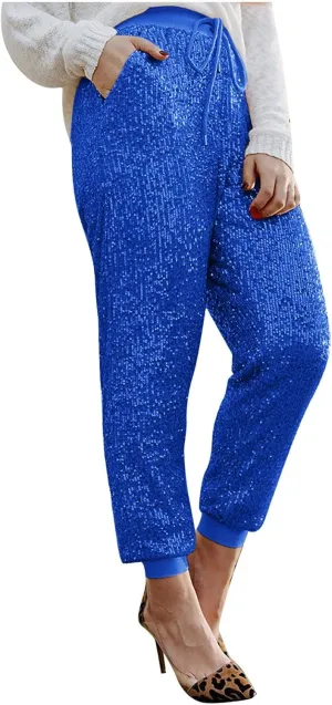 HGps8w Women's Sequin Joggers Pants Drawstring High Waisted Sparkle Glitter Cropped Pants Harem Trousers Clubwear