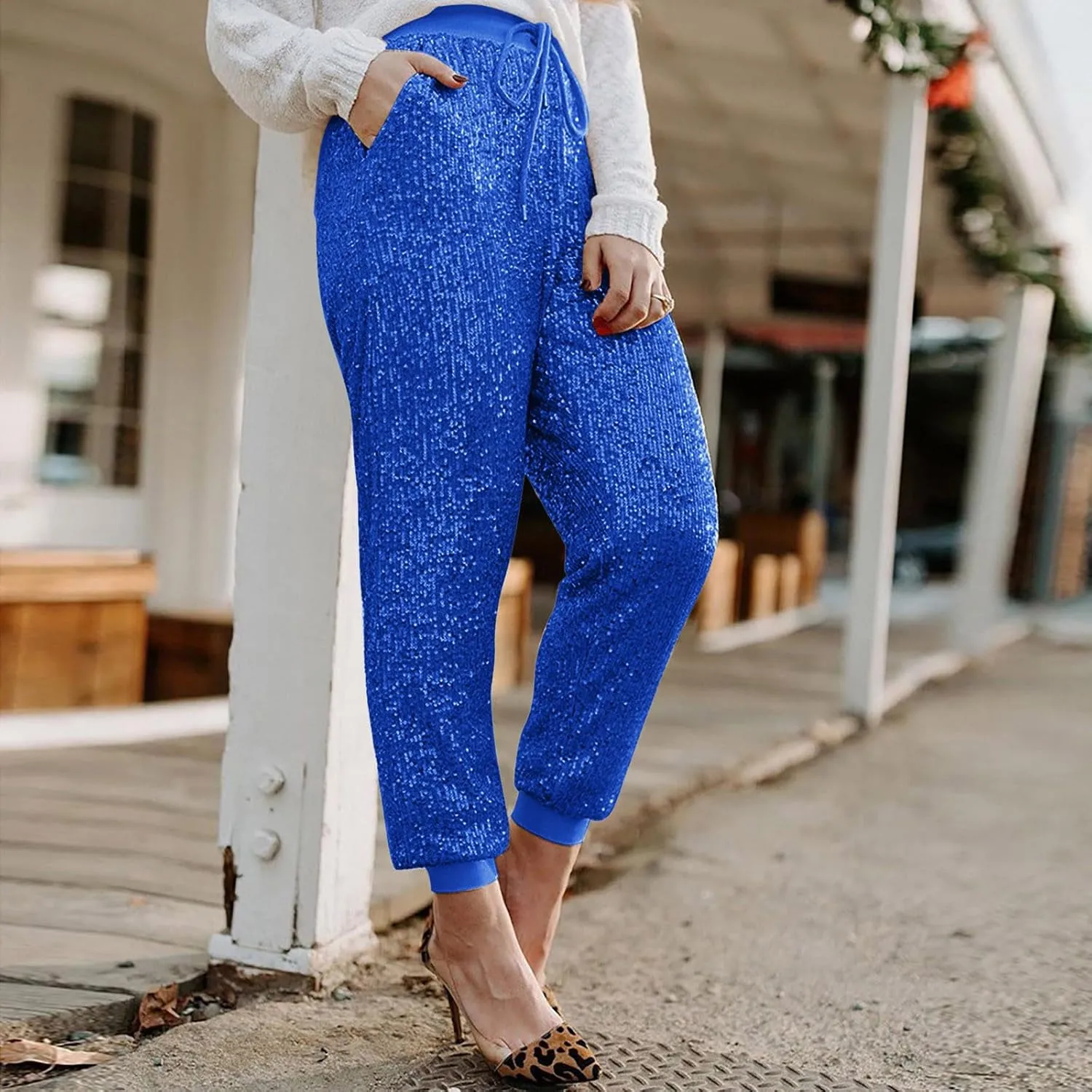 HGps8w Women's Sequin Joggers Pants Drawstring High Waisted Sparkle Glitter Cropped Pants Harem Trousers Clubwear