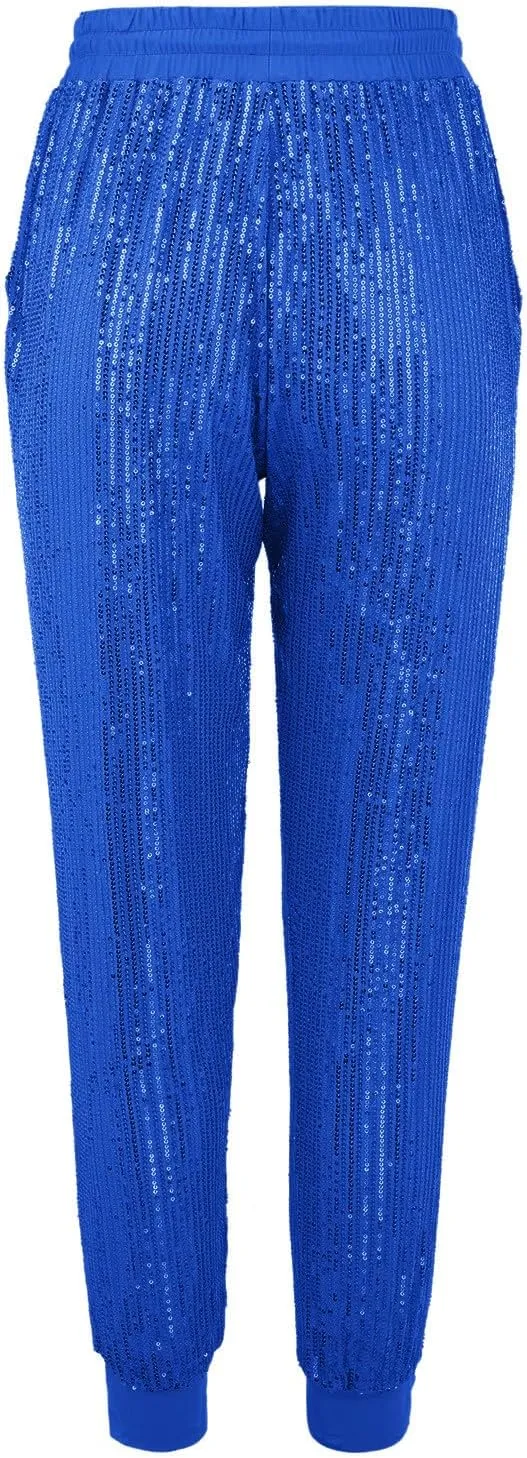 HGps8w Women's Sequin Joggers Pants Drawstring High Waisted Sparkle Glitter Cropped Pants Harem Trousers Clubwear