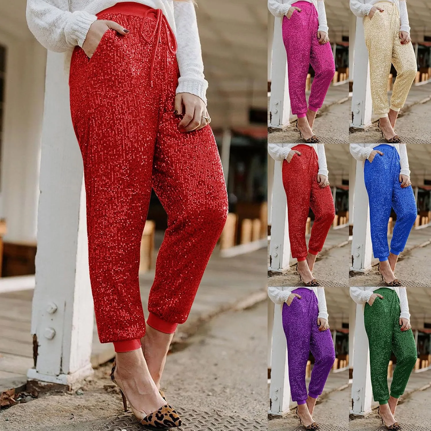 HGps8w Women's Sequin Joggers Pants Drawstring High Waisted Sparkle Glitter Cropped Pants Harem Trousers Clubwear