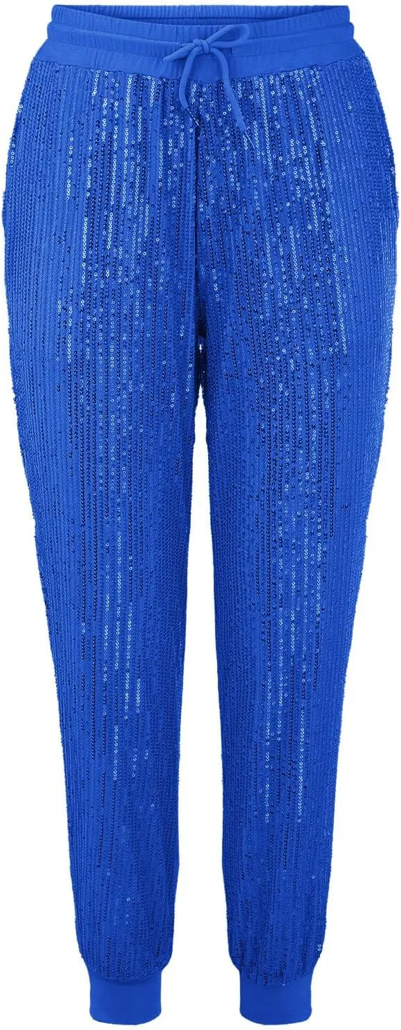 HGps8w Women's Sequin Joggers Pants Drawstring High Waisted Sparkle Glitter Cropped Pants Harem Trousers Clubwear