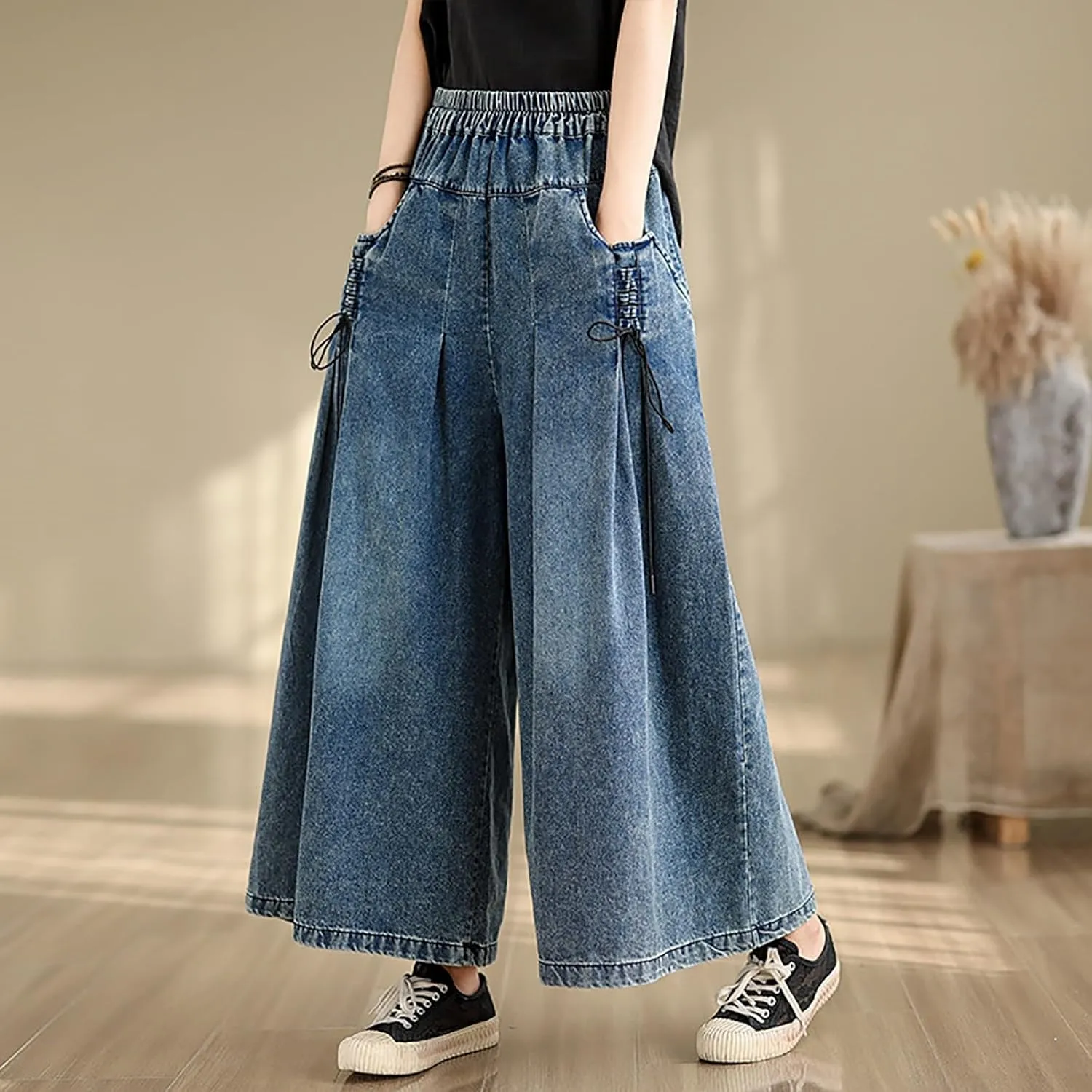 High Waisted Baggy Wide Leg Jeans for Women, Fashion Elastic Waist Casual Denim Pants Oversized Relax Fit Trousers