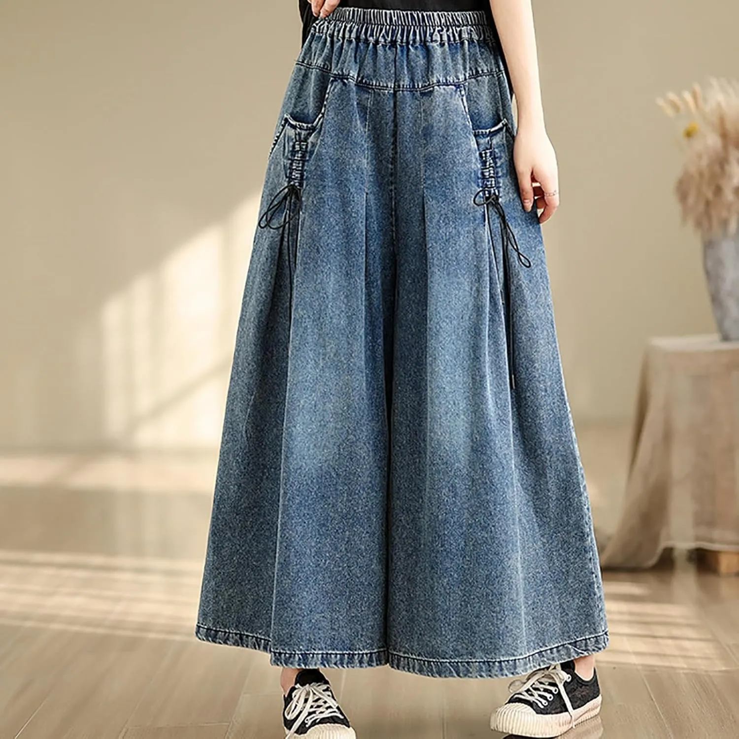 High Waisted Baggy Wide Leg Jeans for Women, Fashion Elastic Waist Casual Denim Pants Oversized Relax Fit Trousers